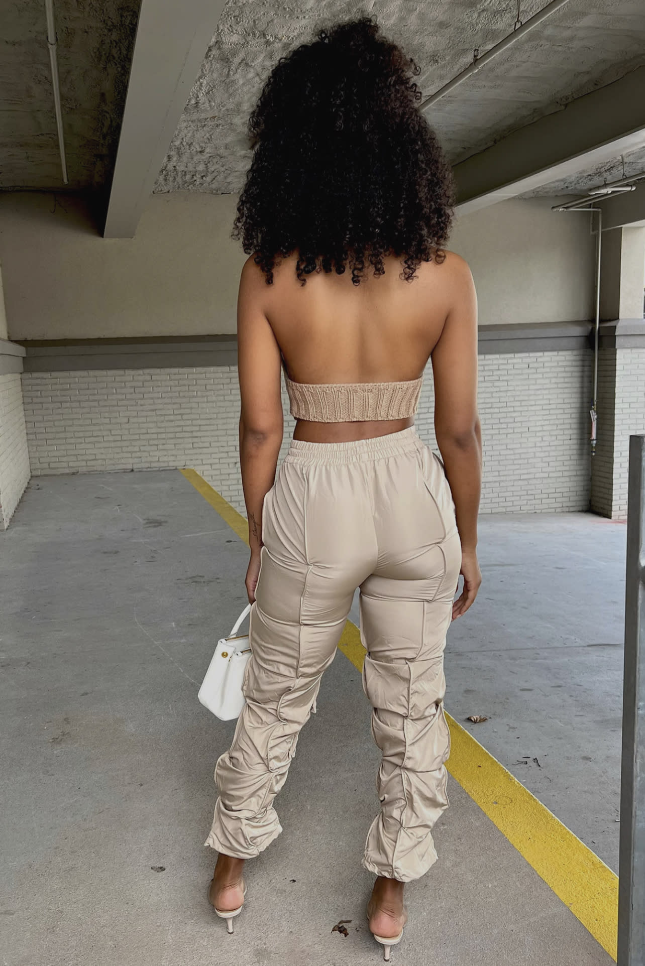 Tan Ruched Parachute Pants