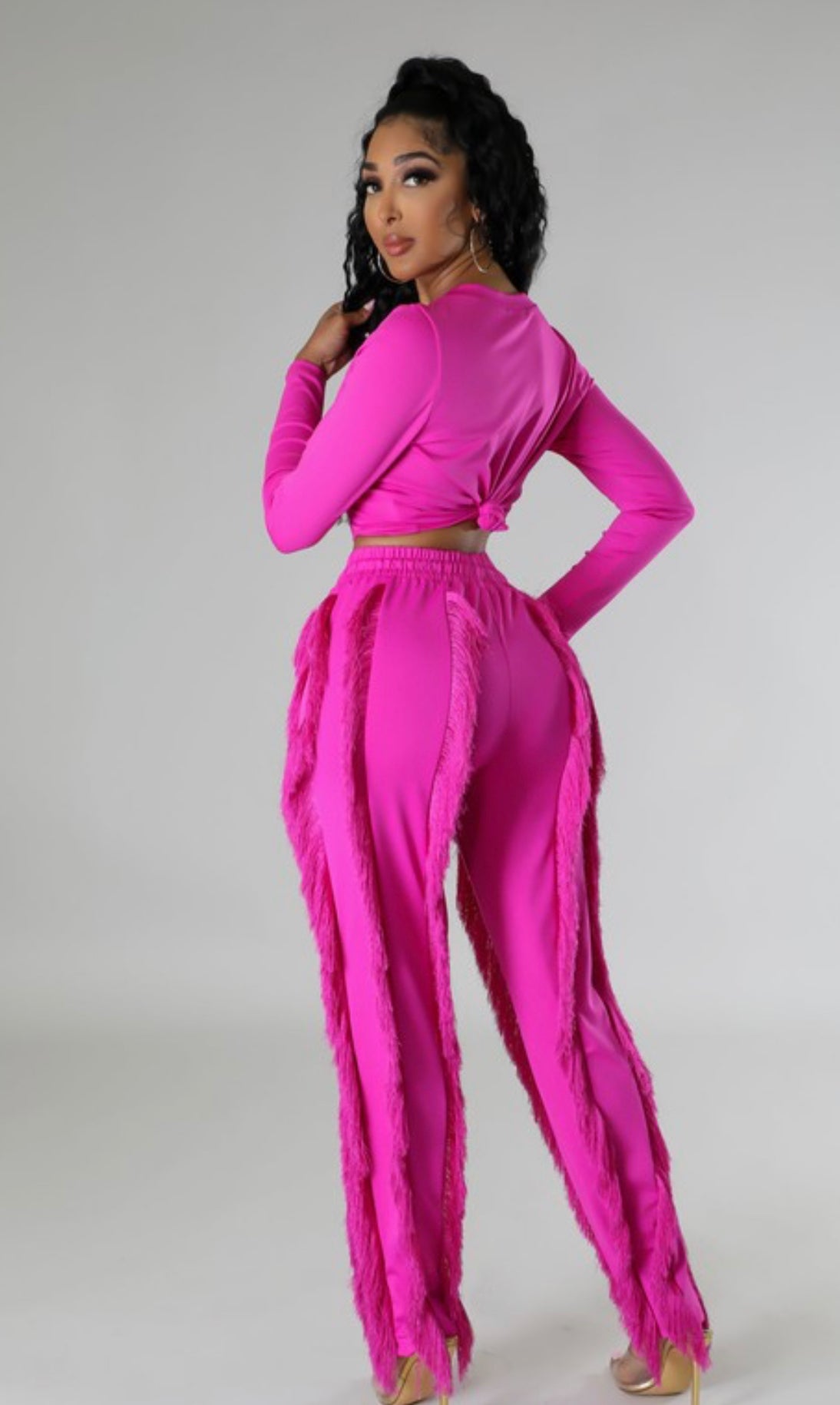 Long Sleeve Crop Top with Fringe Pants