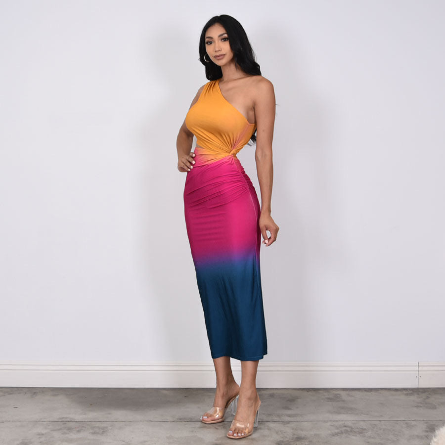Ombre Print One Shoulder Mini Dress