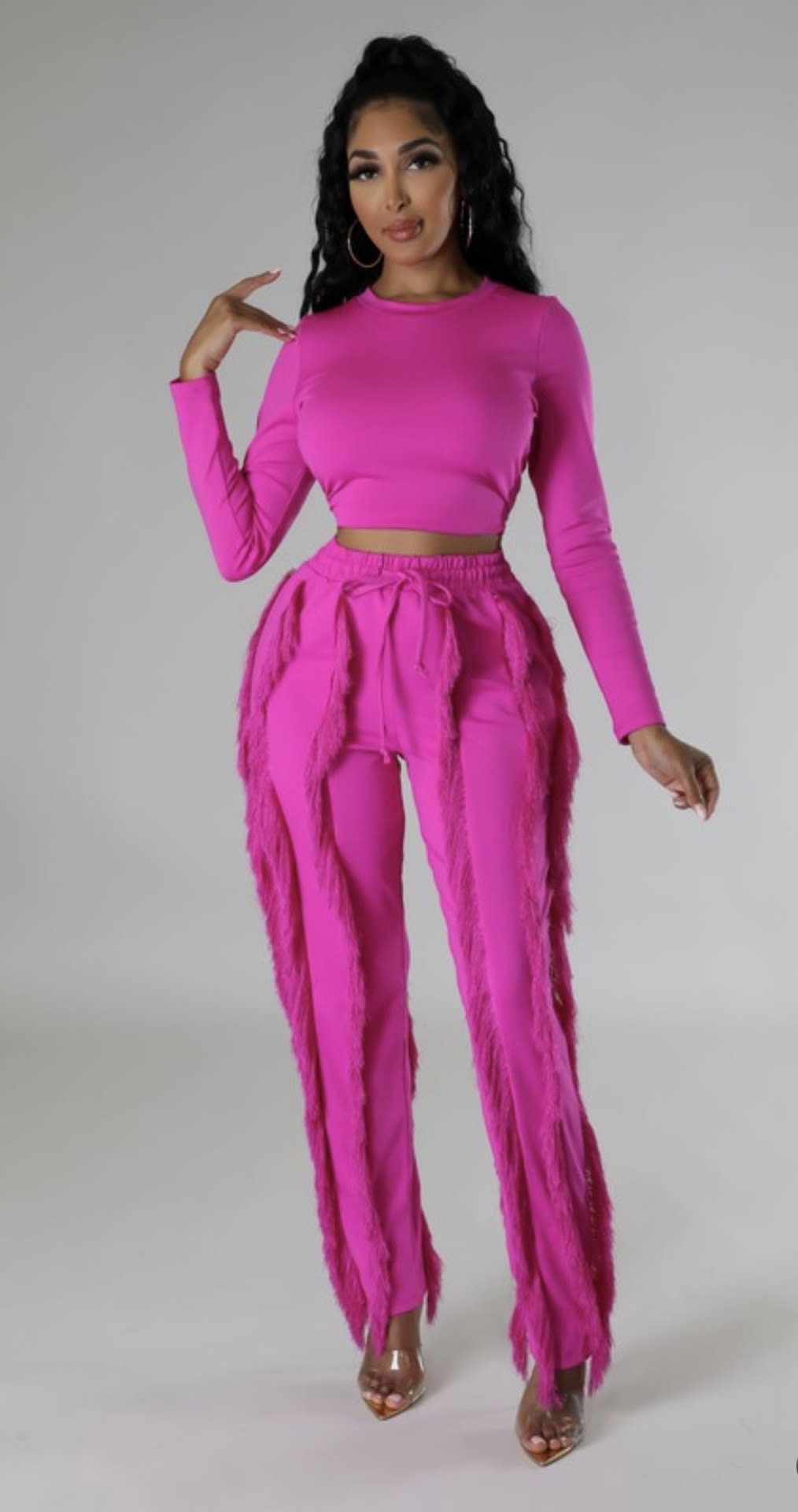 Long Sleeve Crop Top with Fringe Pants