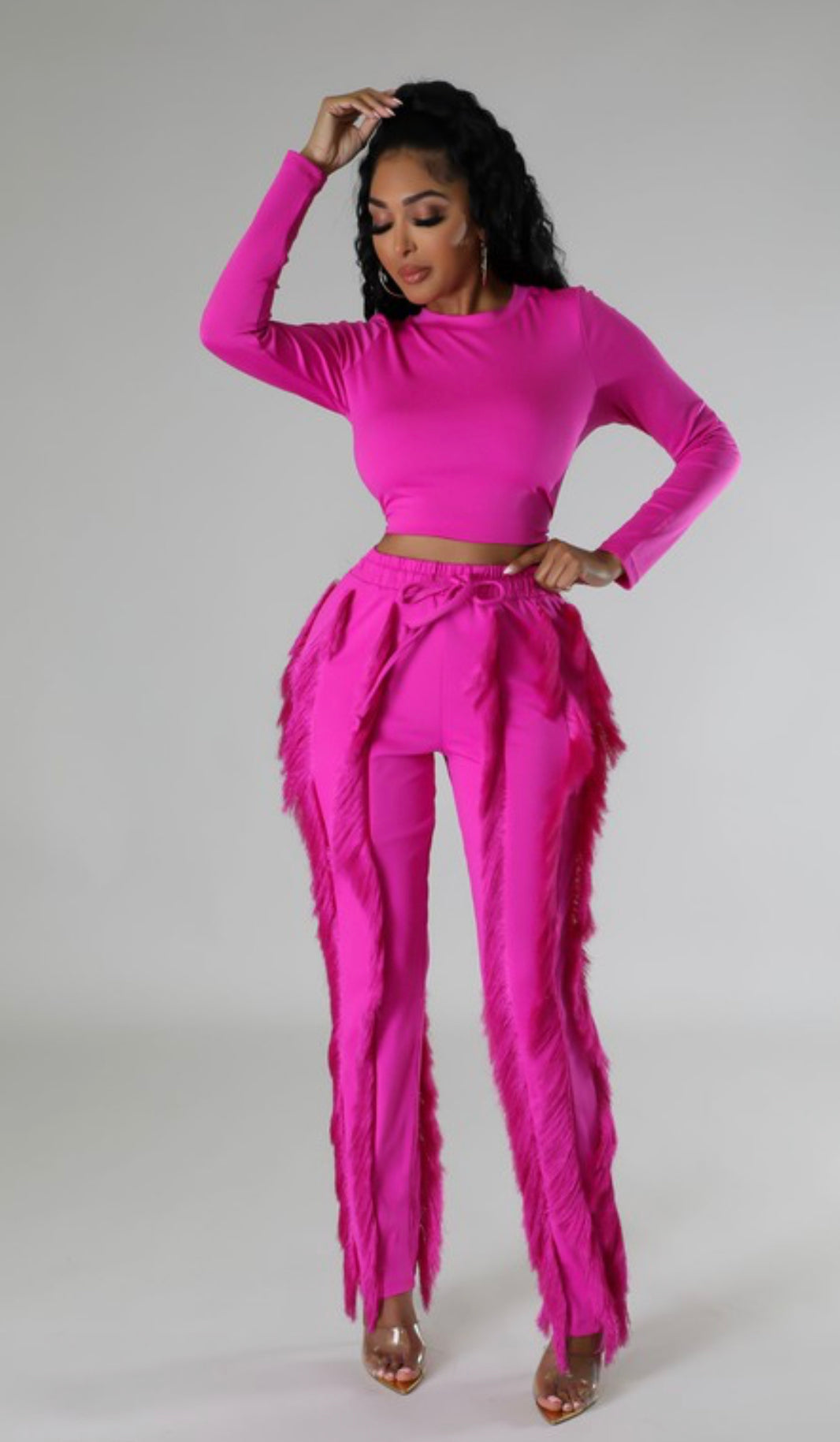 Long Sleeve Crop Top with Fringe Pants